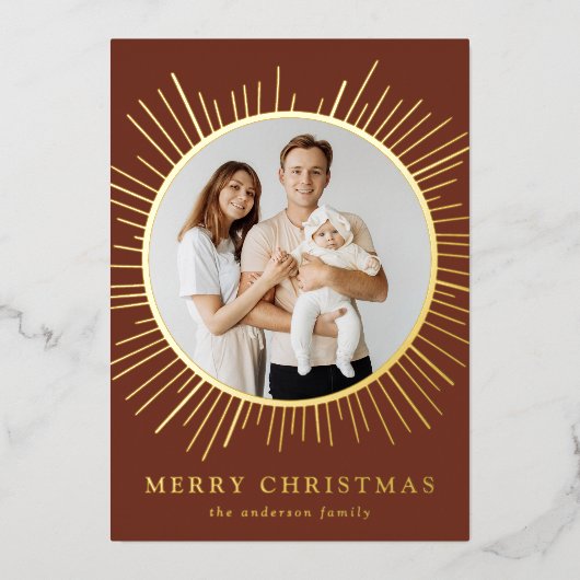 ブラウンモダン日が差すことメリークリスマス2写真 箔シーズンカード (正面)