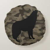 ブラウンモダン迷彩柄ブラックウルフシルエットモノグラム | ラウンドクッション (裏面)