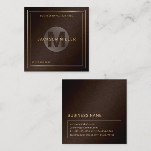 ブラウンモダン金ゴールドカスタムモノグラムプロフェッショナル スクエア名刺 (正面/裏面)