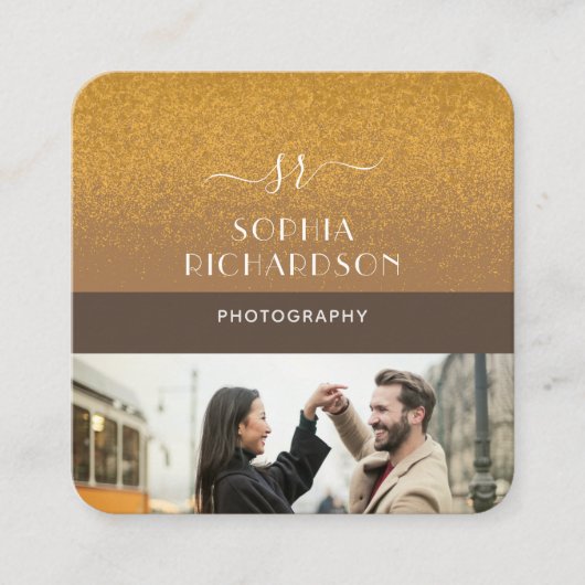 ブラウンモダン4枚金ゴールドグリッターモノグラム スクエア名刺 (正面)