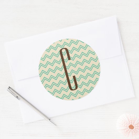 ブラウンモノグラムターコイズグリーンシェブロンパターン ラウンドシール (封筒)