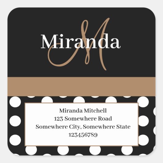 ブラウンモノグラムホワイト水玉模様差出人住所 スクエアシール (正面)