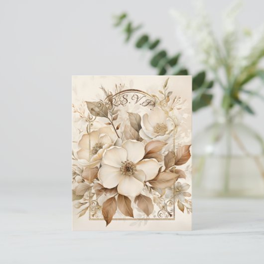 ブラウンモノトーンのとホワイトローズの金ゴールドフレーム 出欠カード (スタンド正面)