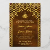 ブラウンモロッコアーチムスリム結婚ズの金箔 箔招待状 (正面)