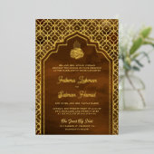 ブラウンモロッコアーチムスリム結婚ズの金箔 箔招待状 (立ち正面)