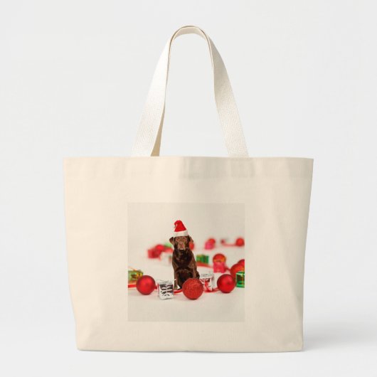 ブラウンラブラドールドッグクリスマスwギフトサンタハット ラージトートバッグ (正面)