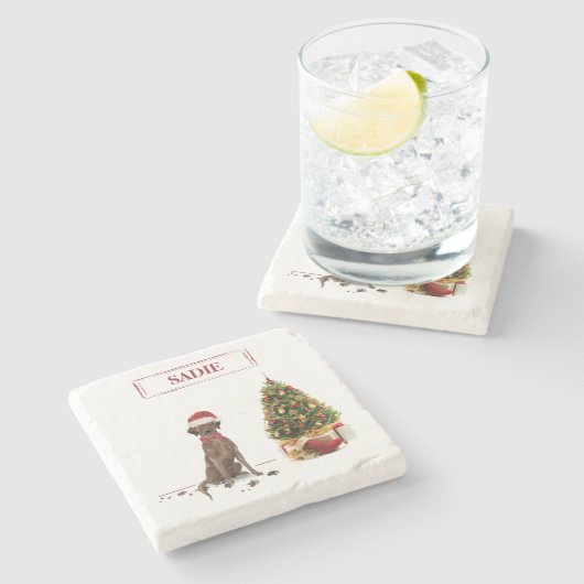 ブラウンラブラドールリトレおもしろいーバークリスマスドッグ ストーンコースター (横)