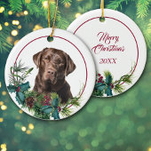 ブラウンラブラドールレトリエバーグリーンベリーリース セラミックオーナメント