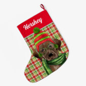 ブラウンラブラドールレトリーバー赤い格子(犬の名前) ラージクリスマスストッキング (裏面 (吊り時))