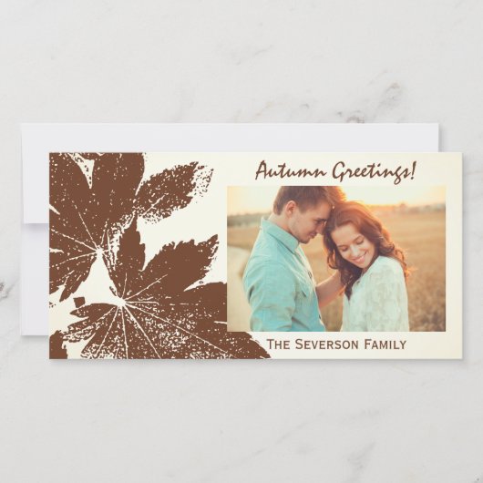 ブラウンリーフプリント秋の挨拶フォトカード (正面)