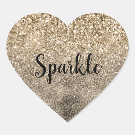 ブラウンレオパード印刷金ゴールドグリッタースパークル ハートシール (正面)