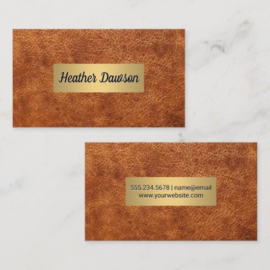 ブラウンレザーと金属製の金ゴールド枠 名刺 (正面/裏面)