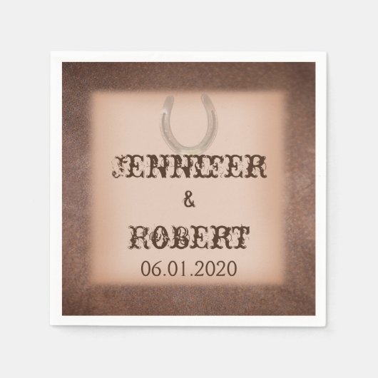 ブラウンレザーのナプキンにラッキーな結婚馬蹄形 スタンダードカクテルナプキン (正面)