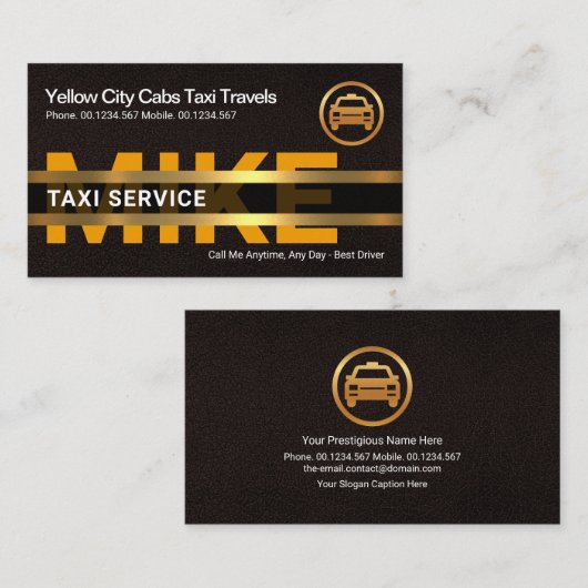 ブラウンレザーイエロータクシー金ゴールド名プラカード 名刺 (正面/裏面)