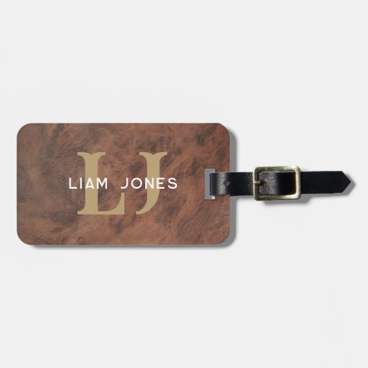 ブラウンレザーイニシャルモノグラムのモダンヴィンテージ ラゲッジタグ (正面横)