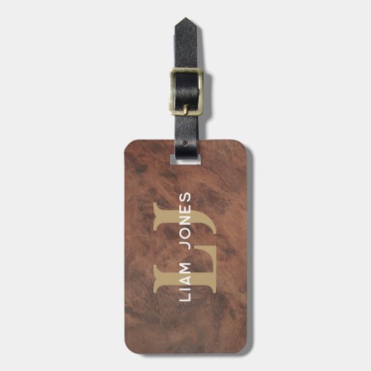 ブラウンレザーイニシャルモノグラムのモダンヴィンテージ ラゲッジタグ (正面縦)