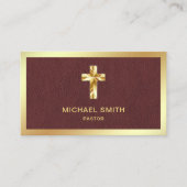 ブラウンレザーゴールドフォイルイエスキリスト十字牧師 名刺 (正面)