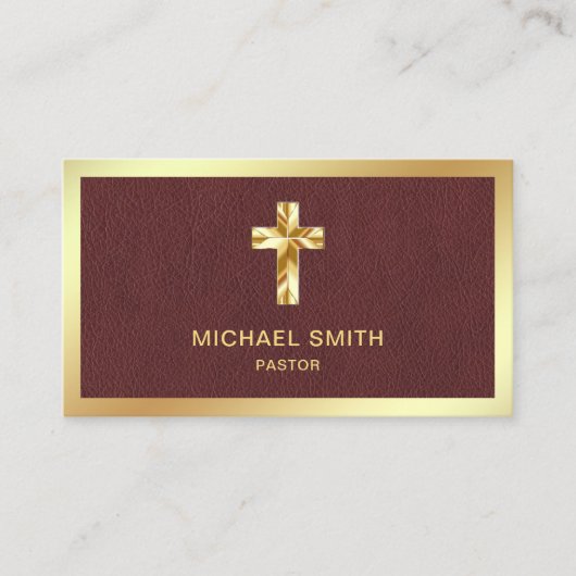 ブラウンレザーゴールドフォイルイエスキリスト十字牧師 名刺 (正面)