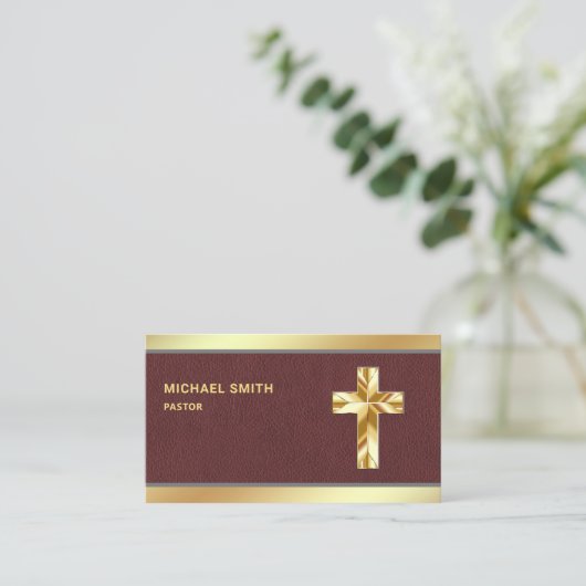 ブラウンレザーゴールドフォイルイエスキリスト十字牧師 名刺 (スタンド正面)