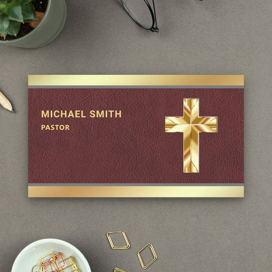 ブラウンレザーゴールドフォイルイエスキリスト十字牧師 名刺