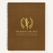 ブラウンレザーテクスチャ金ゴールドレディースジャスティスロゴ ノートブック (正面)