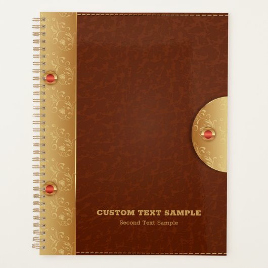 ブラウンレザーフェイクとメタリック金ゴールドアクセント プランナー手帳 (正面)