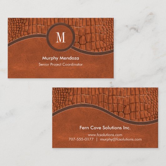 ブラウンレザーフェイクアリゲータースキンラグジュアリーモノグラム 名刺 (正面/裏面)