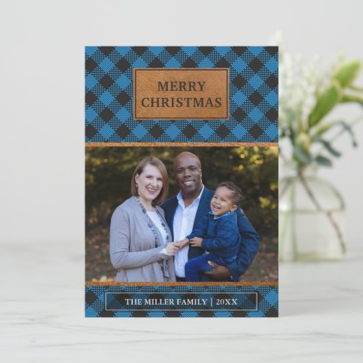 ブラウンレザーフェイクブルーバッファロープレイドクリスマス シーズンカード (スタンド正面)