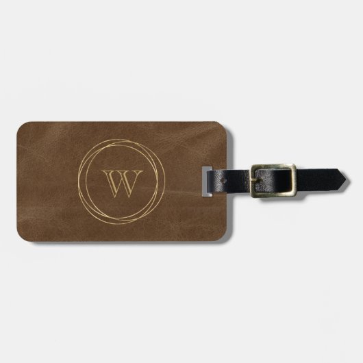 ブラウンレザーフェイク金ゴールドサークルモノグラム ラゲッジタグ (正面横)