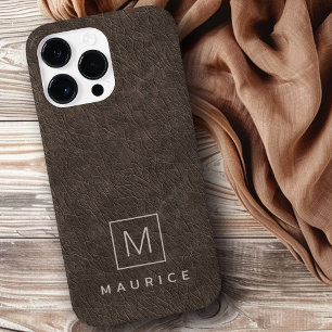 ブラウンレザープリントモノグラムイニシャル名前をカスタムする Case-Mate iPhone 14 PRO MAXケース
