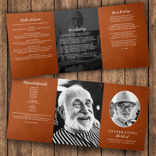 ブラウンレザーモダン3 – 写真の葬儀/メモリアル 三つ折りプログラム