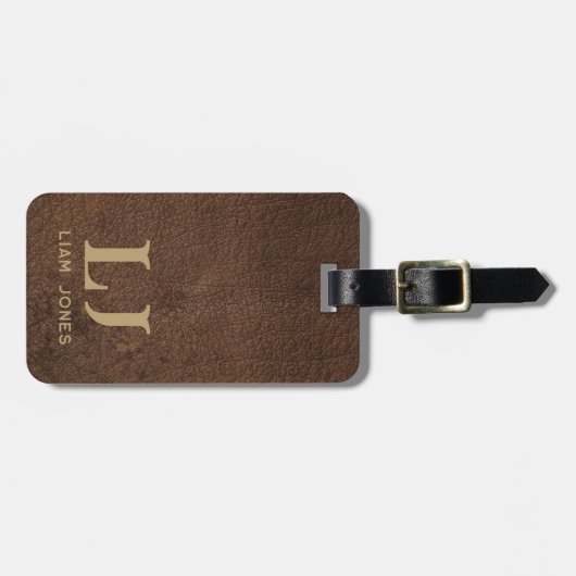 ブラウンレザーモノグラムの男らしヴィンテージ ラゲッジタグ (正面横)