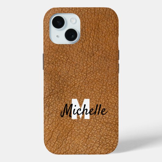 ブラウンレザー名パーソナライズされたモノグラム Case-Mate iPhoneケース (裏面)