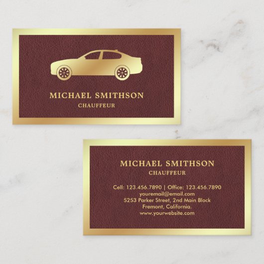 ブラウンレザー金ゴールドカープロフェッショナル運転手 名刺 (正面/裏面)