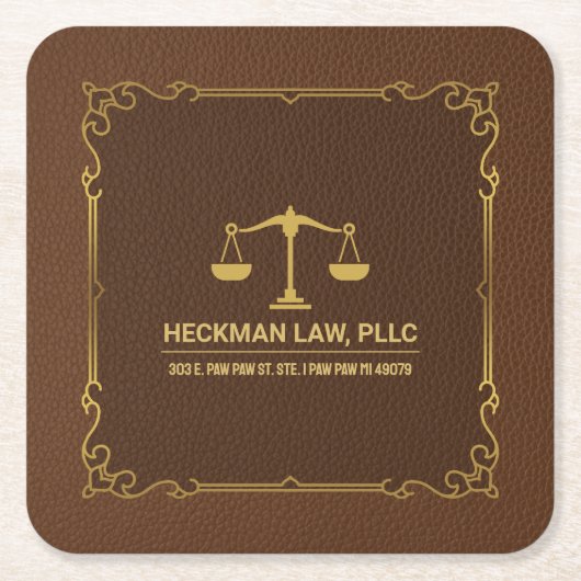 ブラウンレザー金ゴールドジャスティススケールヴィンテージフレーム スクエアペーパーコースター (正面)