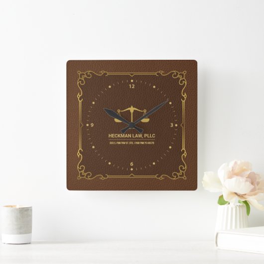 ブラウンレザー金ゴールドジャスティススケールヴィンテージフレーム スクエア壁時計 (ホーム)