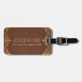 ブラウンレザー金ゴールドレースアクセント ラゲッジタグ (正面横)