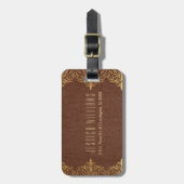ブラウンレザー金ゴールドレースアクセント ラゲッジタグ (正面縦)