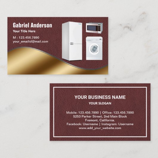 ブラウンレザー金ゴールド家電製品修理 名刺 (正面/裏面)