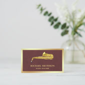 ブラウンレザー金箔サクソフォンミュージック先生 名刺 (スタンド正面)