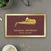 ブラウンレザー金箔サクソフォンミュージック先生 名刺