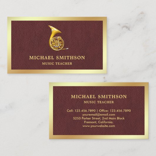 ブラウンレザー金箔ホーンフランスのミュージック先生 名刺 (正面/裏面)
