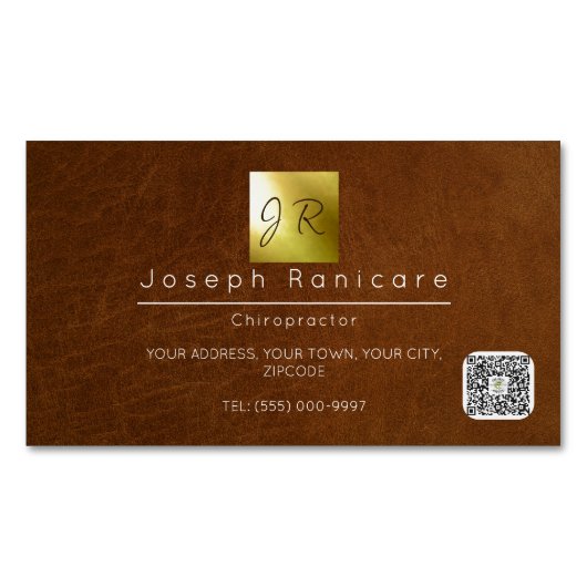 ブラウンレザー高級ブランディング金ゴールド箔 マグネット名刺 (正面)