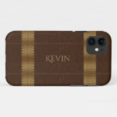 ブラウンレザー&金ゴールドストライプモノグラム Case-Mate iPhoneケース (裏面(横))