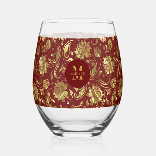 ブラウンレッドと金ゴールドフローラダマスクモノグラム ステムなしワイングラス (正面)