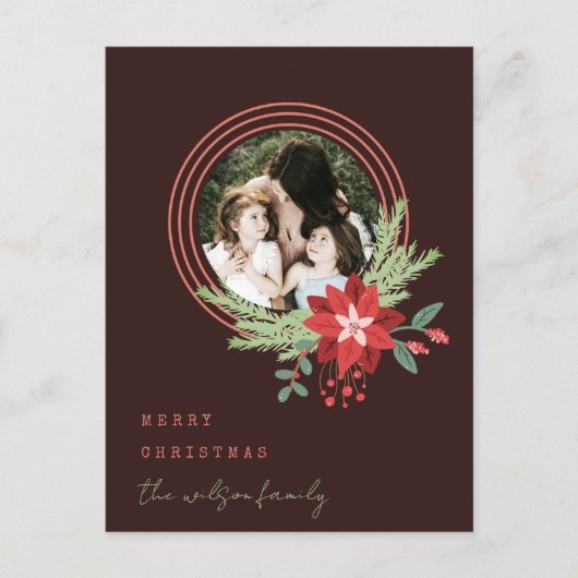 ブラウンレッドサークルフォトポインセチアMerry Christmas シーズンポストカード (正面)