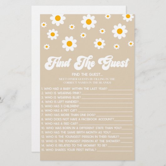 ブラウンレトロデイジーゲストベビーシャワーゲームを見つける 便箋 (正面/裏面)