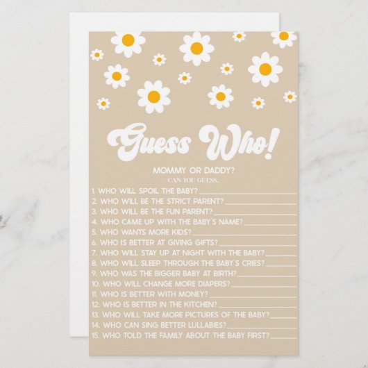 ブラウンレトロデイジー誰を推測！赤ちゃんシャワーゲーム 便箋 (正面/裏面)