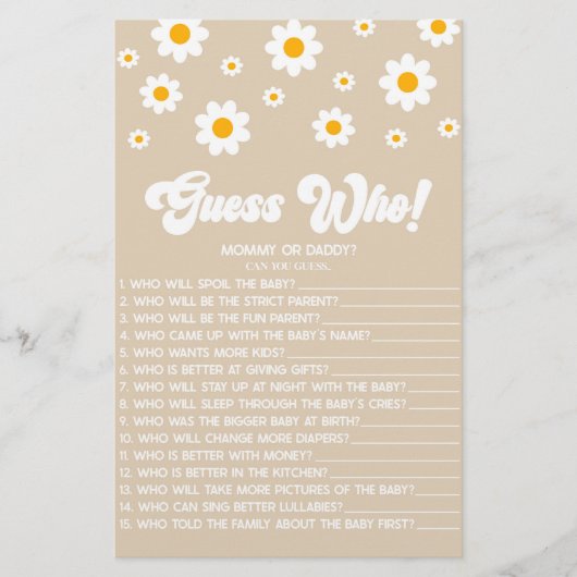 ブラウンレトロデイジー誰を推測！赤ちゃんシャワーゲーム 便箋 (正面)