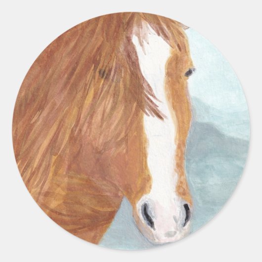 ブラウンワイルドホースブルーマウンテンレイク – アクリル。 ラウンドシール (正面)